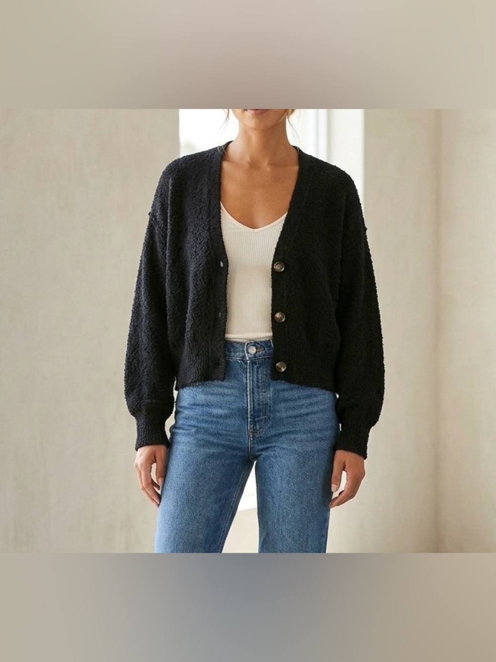 Free People Found My Friend Cardigan Black M Medium Textured Knit Oversized Chic